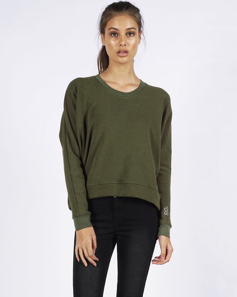 DISTRESSED SWEATER - OLIVE