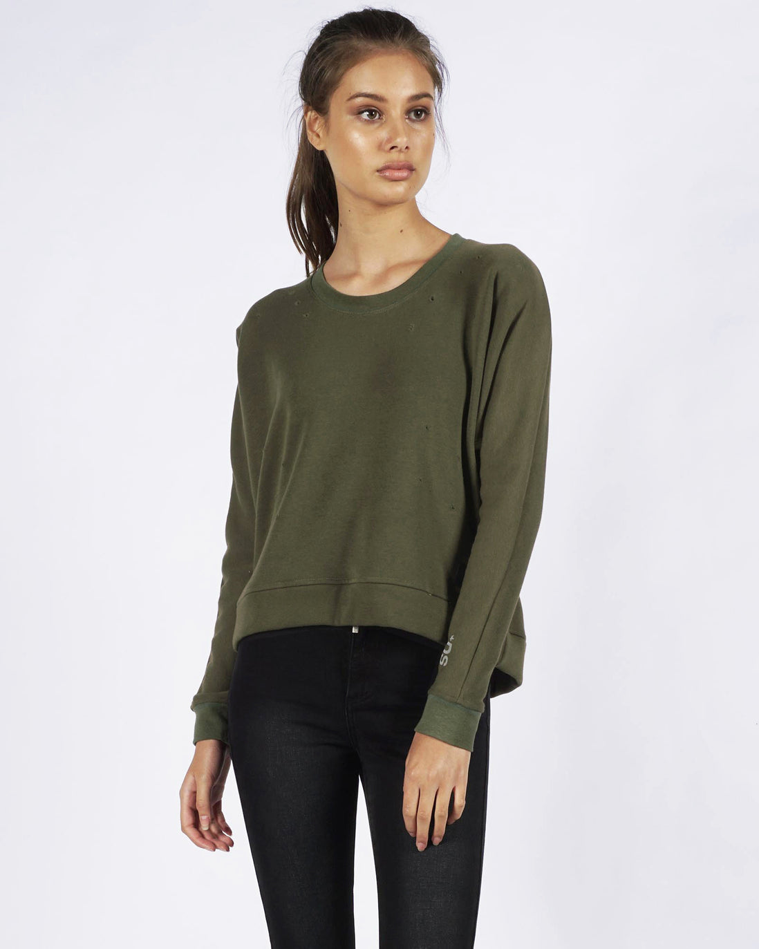 DISTRESSED SWEATER - OLIVE