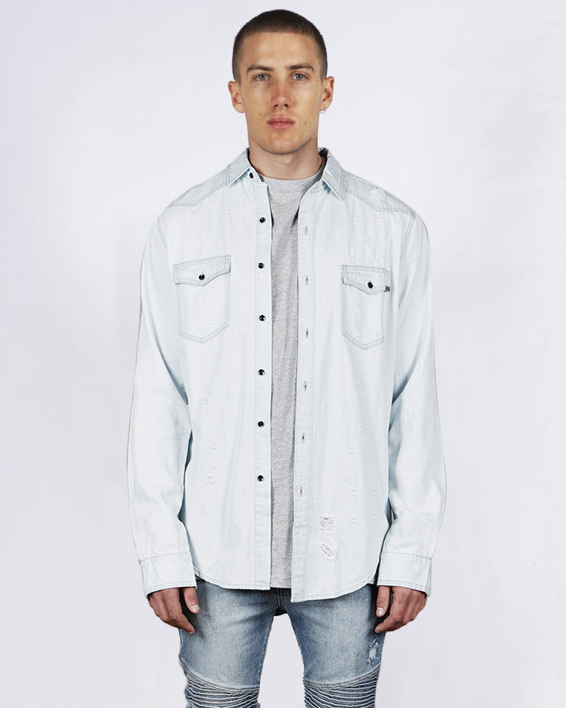 DESTROYED DENIM SHIRT - LIGHT BLUE