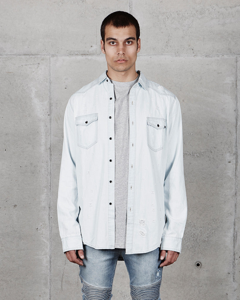 DESTROYED DENIM SHIRT - LIGHT BLUE