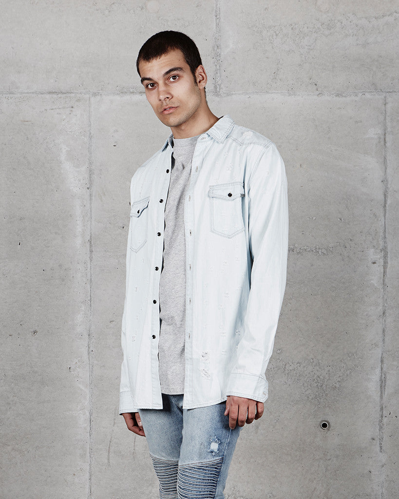 DESTROYED DENIM SHIRT - LIGHT BLUE