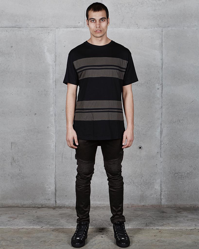 SCOOP STRIPE TEE - BLACK/OLIVE